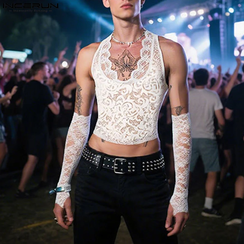 INCERUN Männer Tank Tops Spitze Durchsichtig V-ausschnitt Ärmel Mit Ärmel Männliche Westen Sexy Streetwear Party Mode Unisex Tops S-3XL
