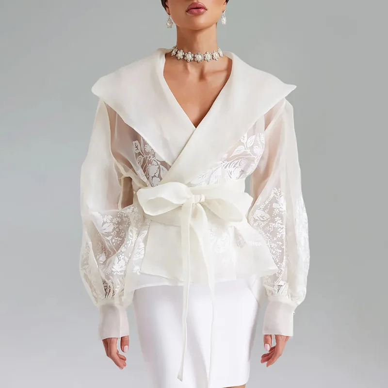 Vintage Spring New Palace Style Sexy Suit Collar High Grade Printed Strap Up Long Sleeve Women Shirts Blouse