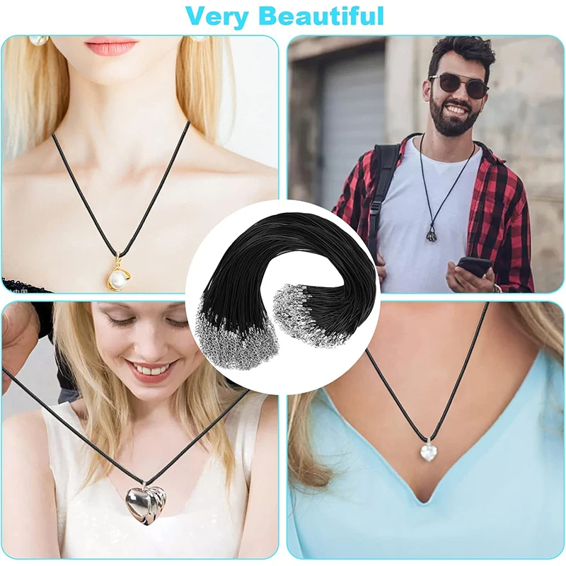 50Pcs Premium Leather Necklace Chains Bracelet Cord with Clasps for Pendants, Bulk Waxed Rope Necklace String, Black , 18\