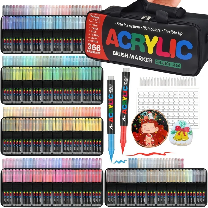 

Набор акриловых маркеров GUANGNA, 366 цветов, с кистью, для рисования на камнях, фестивалей, подарков, творчества, в комплекте с сумкой для хранения