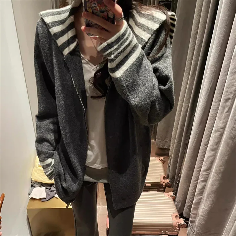 Damski kardigan w paski z kołnierzykiem marynarskim, jesień Y2K Harajuku, obszerny, dzianinowy płaszcz, elegancka kurtka z podwójnym zamkiem błyskawicznym.