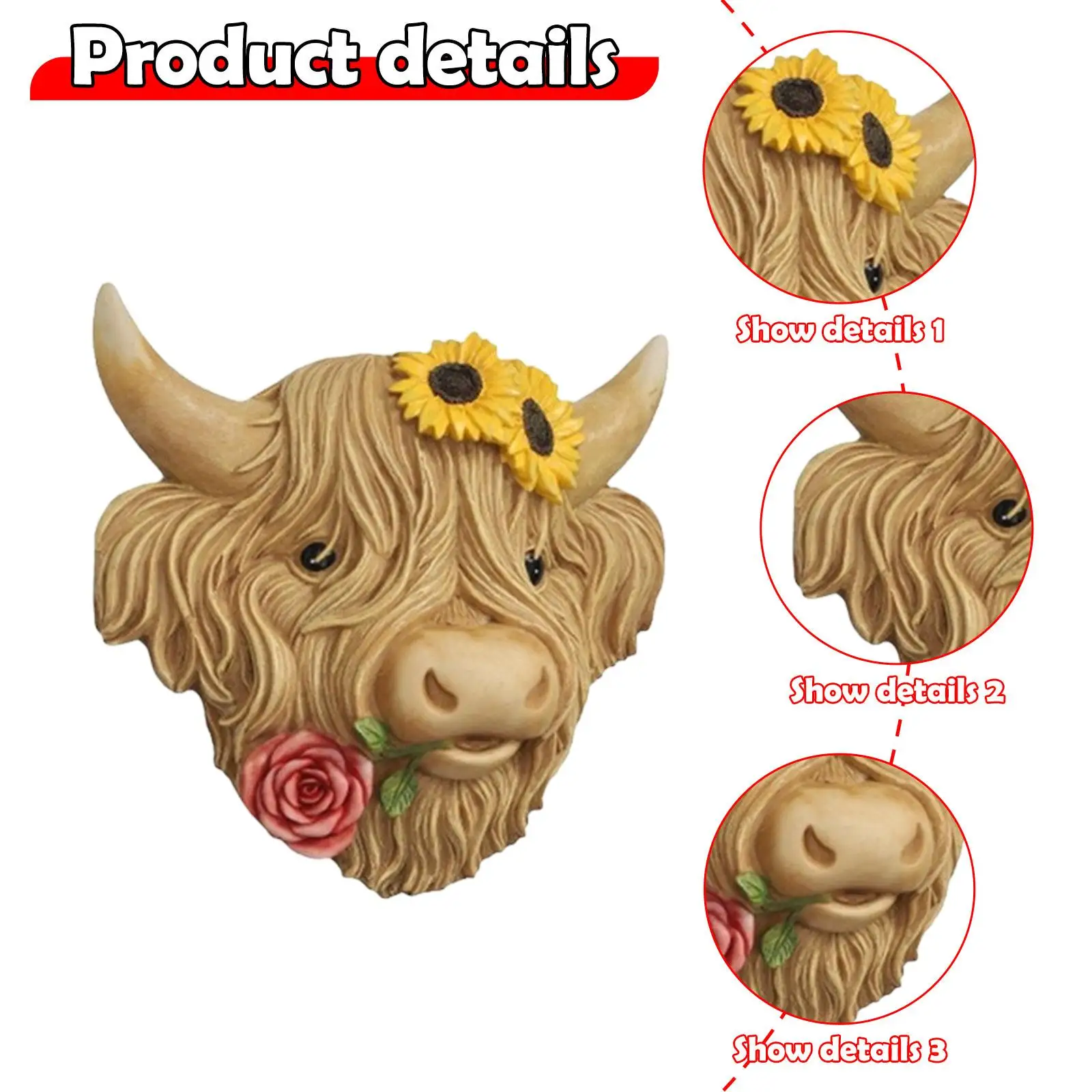 Highland Cow Head Wall Decor Wall Sculpture Lifelike Wall Mounted Decoration for Farmhouse Outdoor Bedroom Living Room Home
