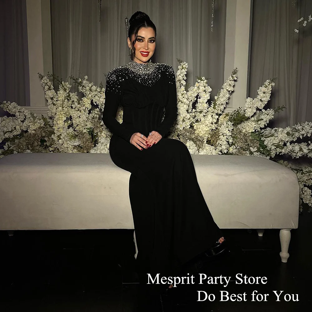 High Neck Full Sleeve Evening Dress Custom Size Beading Sequined Mermaid Prom Gown Robe De Soiree Black Party Dresses Long