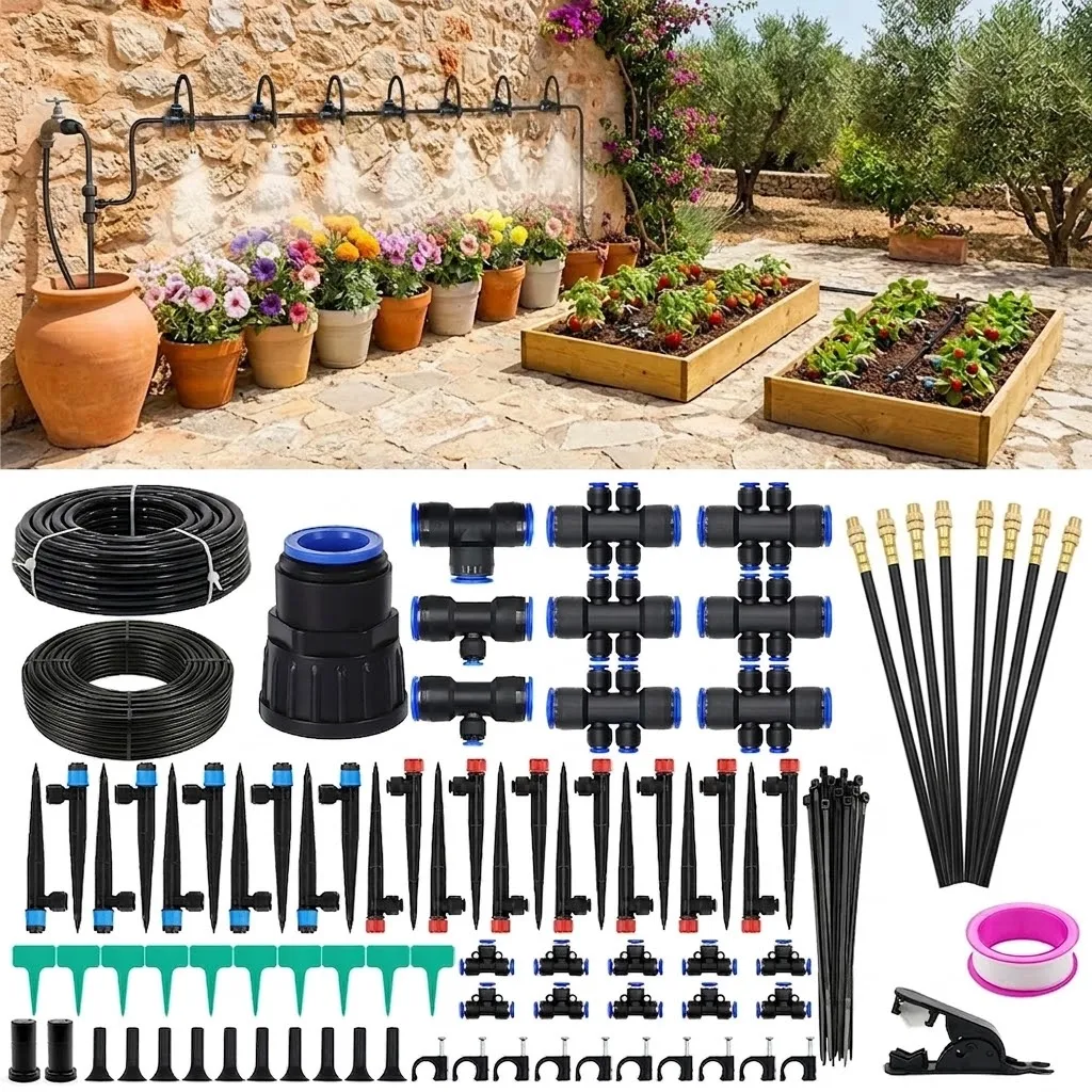 3 Adjustable Nozzles Drip Irrigation Kit with 3 Spray Types Quick Connect Watering for Outdoor Plants Garden Misting System Yard