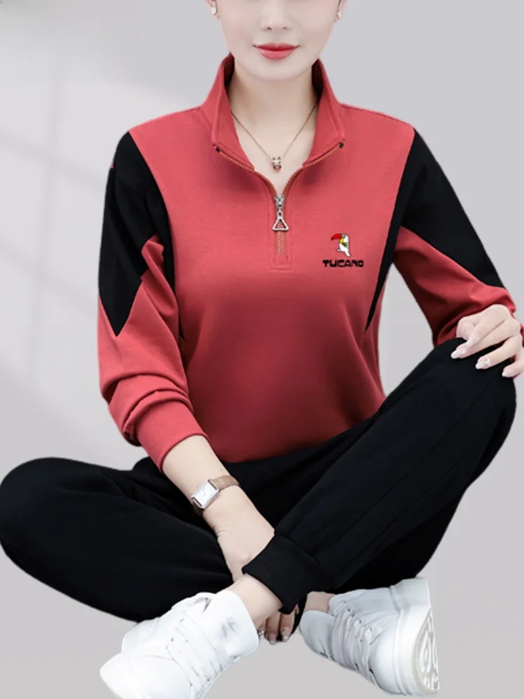 Conjunto de Moletom Vermelho Feminino, Roupa Casual Solta para Esportes, Conjunto de Duas Peças, Primavera e Outono, Marca TUCANO, Manga Longa, Fechamento com Zíper, Algodão