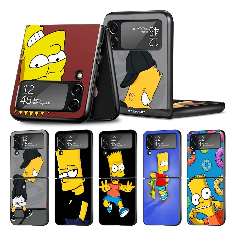 Case For Samsung Galaxy Z Flip 3 4 5G Fall Prevention Black PC Hard Luxury Phone Cover ZFlip3 ZFlip4 Funda Simpsons Anime Disney