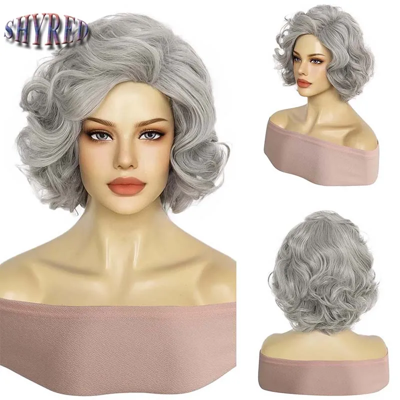 

Synthetic Silver Grey Curly Wigs for White Women Short Haircut Mommy Wig with Bangs Cosplay Old Lady Realistic Wigs