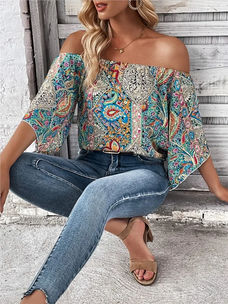 

Fashion Elegnat Casual Top Blouses Summer Ladies Vintage Printed Short Sleeve Tops Shirt Female Office Holiday New Shirts 2024