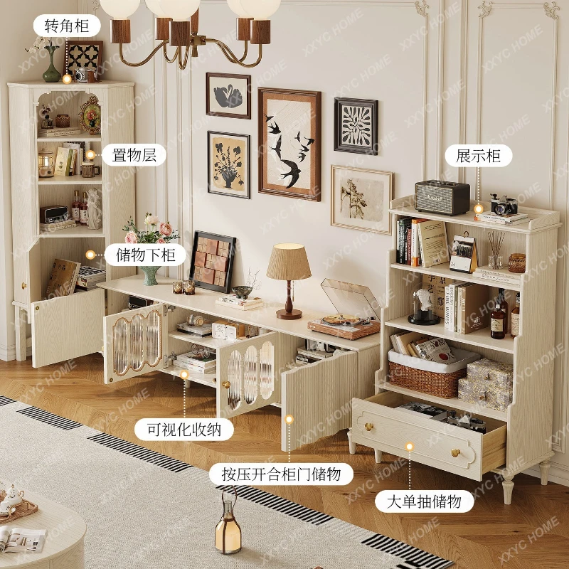 A  Cream Wind TV Cabinet Living Room White All Solid Wood Coffee Table  Household Storage Floor Cabinet