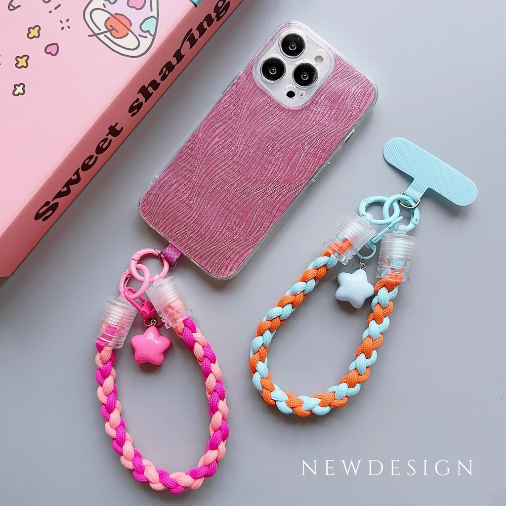 Universal Braided Mobile Phone Lanyard Strap Cartoon Star Hanging Chain Ring Cord with Patch Wrist Strap Cell Phone Detachable