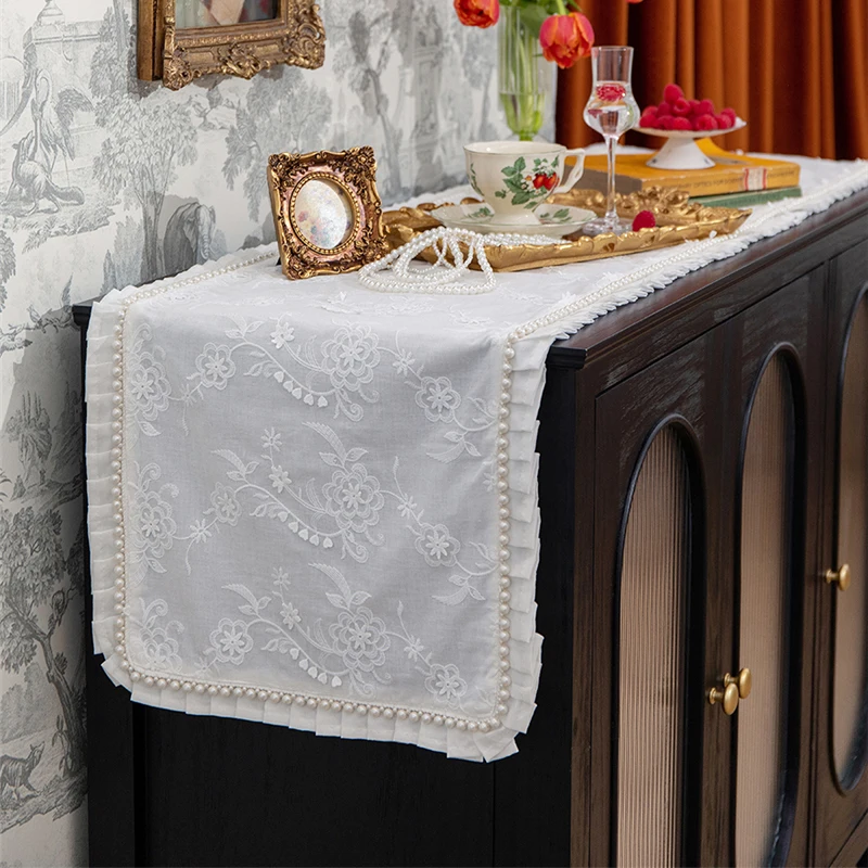 Lace Table Runner White Embroidery French Elegant Coffeetable Cover Cloth Pearl Edge Dressing Table Cabinet Tablerunner Bed Flag