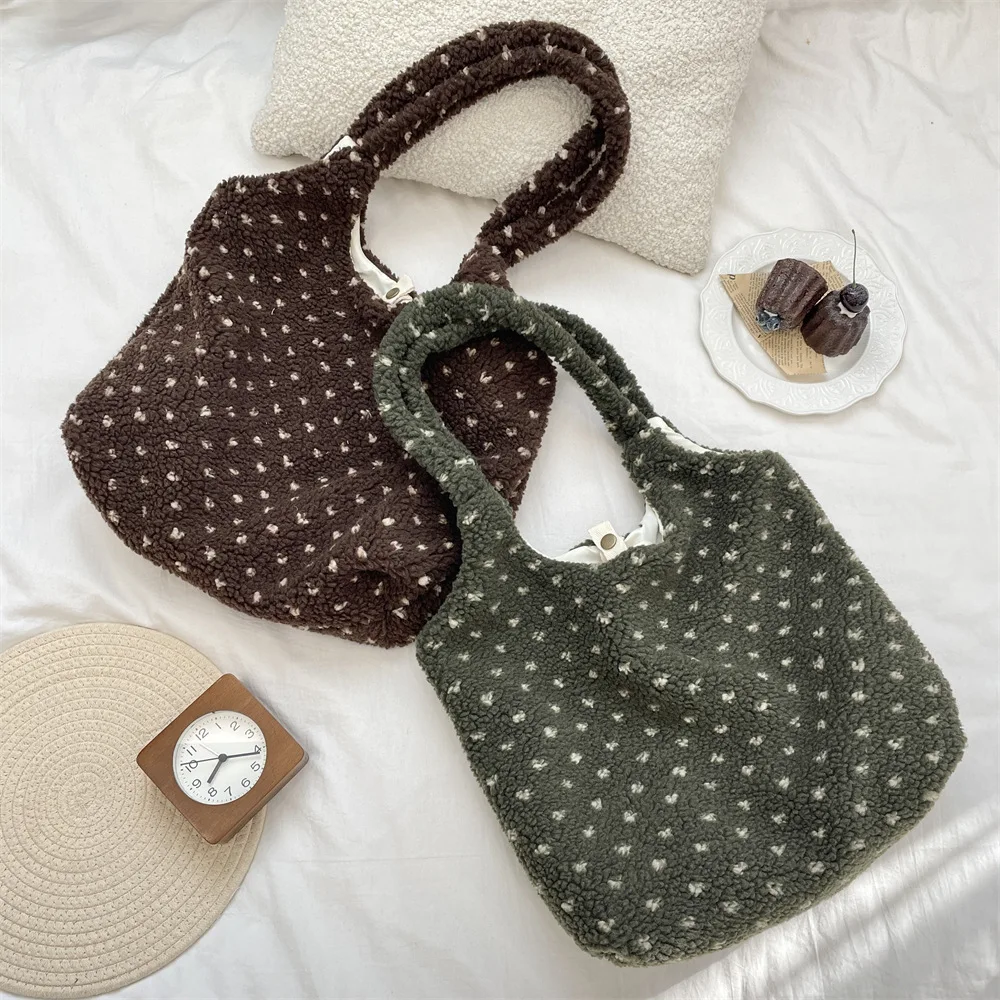 

Korean Women Plush Shoulder Bag Autumn Winter Eco Tote Reusable Shopping Purse