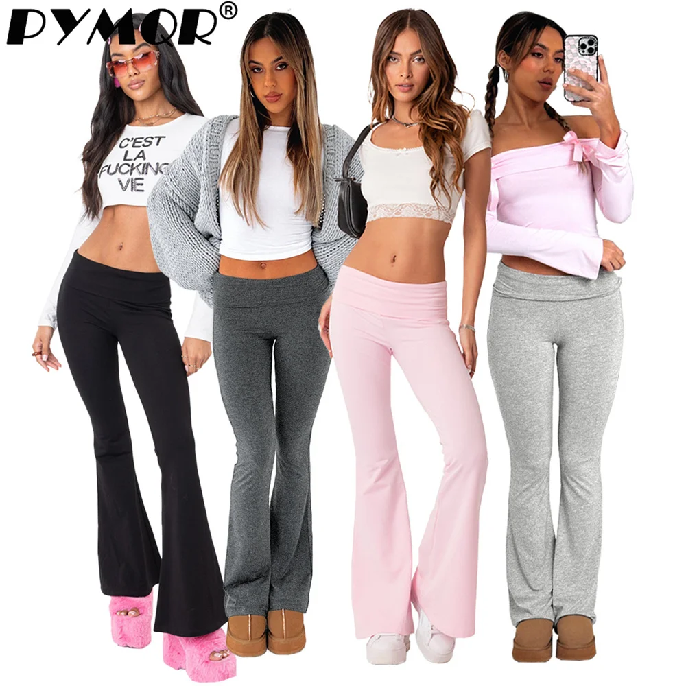 Pymqr Nieuwe Comfortabele, Nauwsluitende Omgekeerde Taille Lage Taille Flare Broek Y 2K Bodycon Sport Jogger Streetwear Vrouwelijke Doek Groothandel