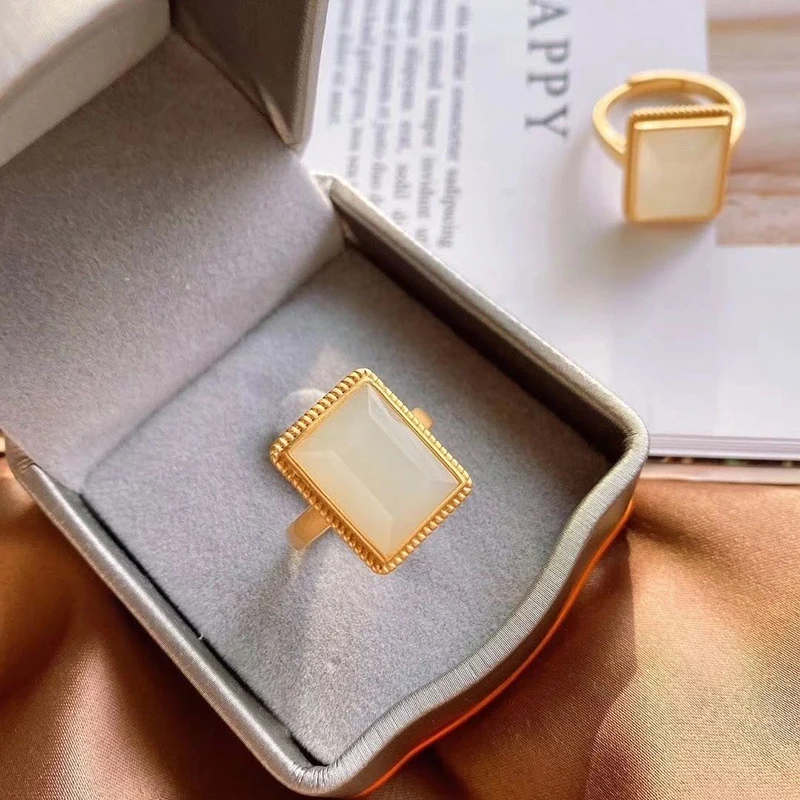 

Natural Hetian White Jade Geometric Square Opening Adjustable Ring Chinese Style Retro Unique Ancient Gold Craft Women's Jewelry