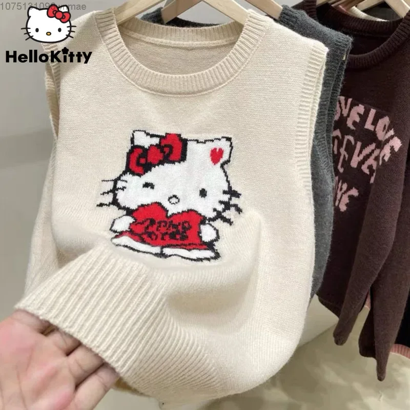 Sanrio Hello Kitty Knitted Vests Women\'s Korean Style Cute Cartoon Tops for Women Sweet Casual Knitwear Pullovers Clothes