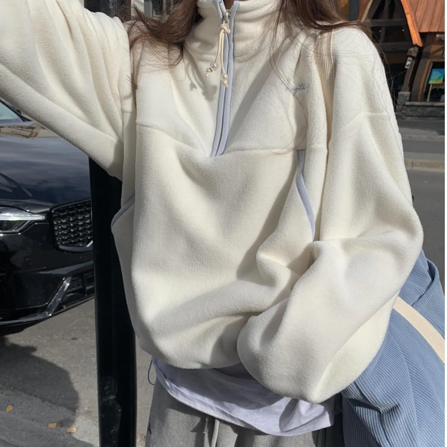 Versatile Loose High Collar Fleece Sweatshirt Fashionable All-Match Straight Tube Women's Long Sleeve Woolen Autumn Top
