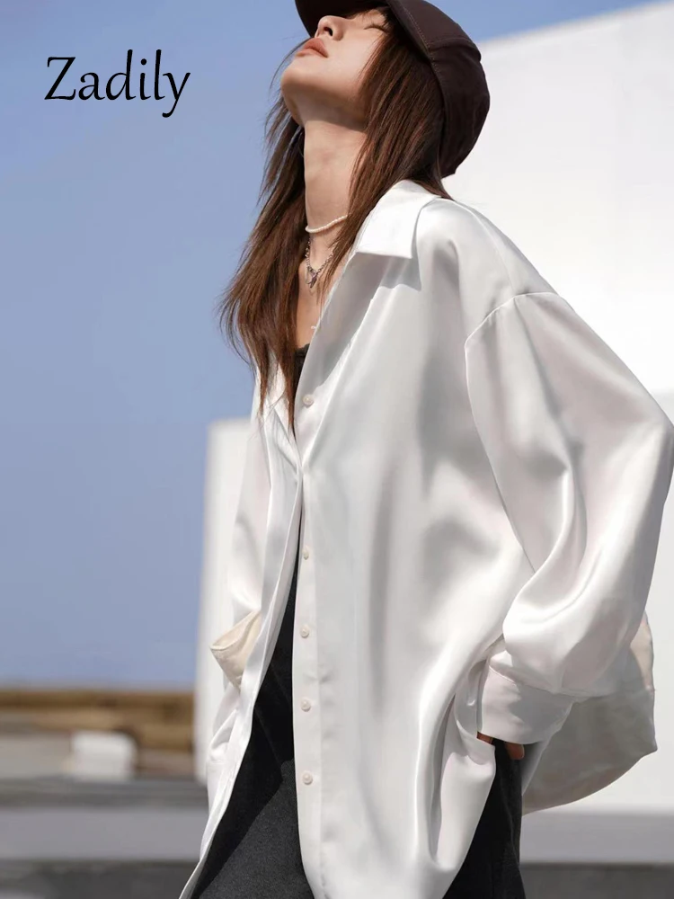 

Zadily 2024 Spring Office Lady Women Satin White Shirt Korea Style Button Up Long Sleeve Loose Work Woman Blouse Female Clothing