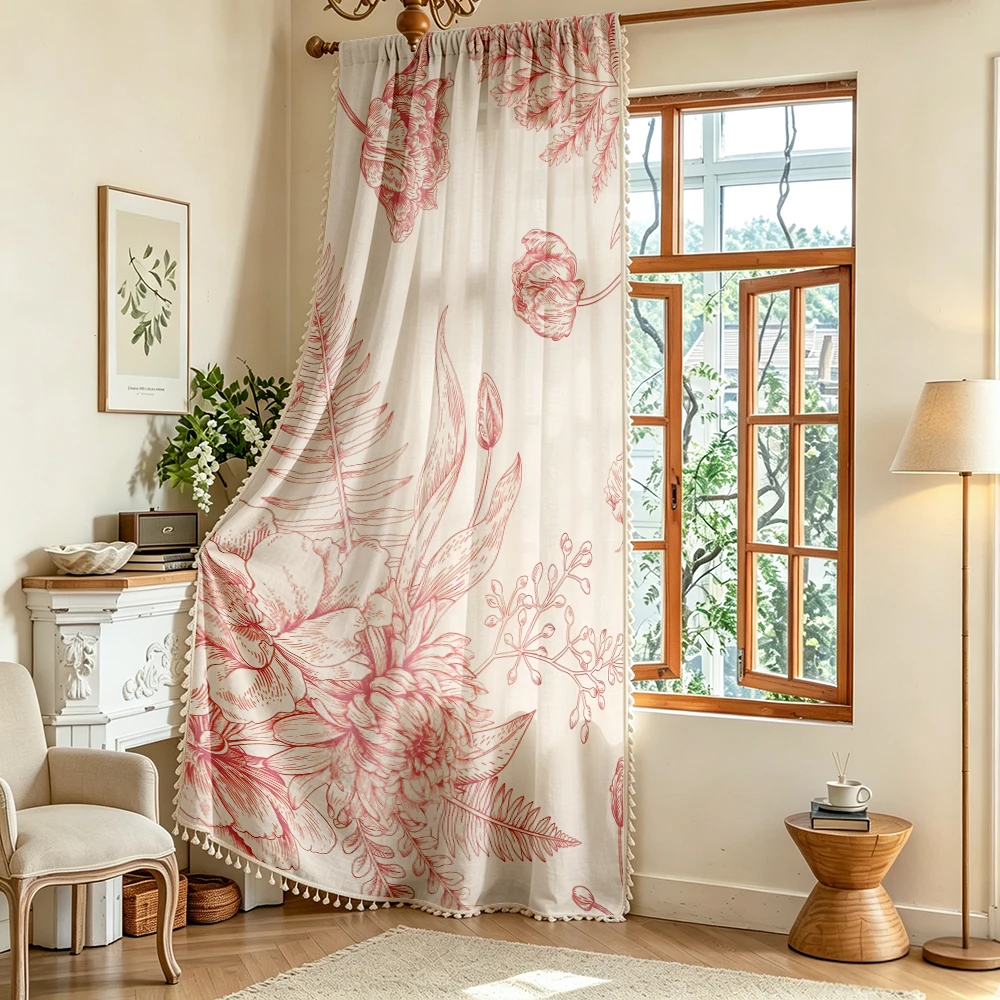 1PC Farmhouse Tassel Sheer Curtains, Red Line Floral, Digital Print, Linen Polyester, for Bedroom Living Room Window, Room Decor