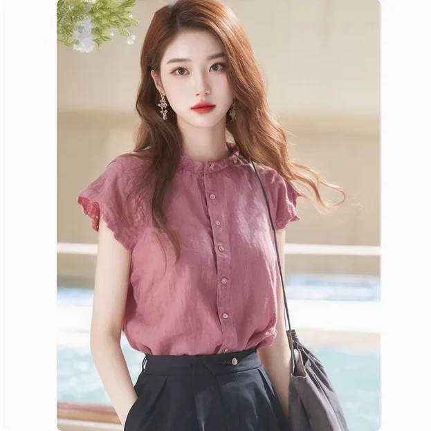 Lace Collar Linen Short Sleeve Blouse Women Unique Design Summer Casual Top