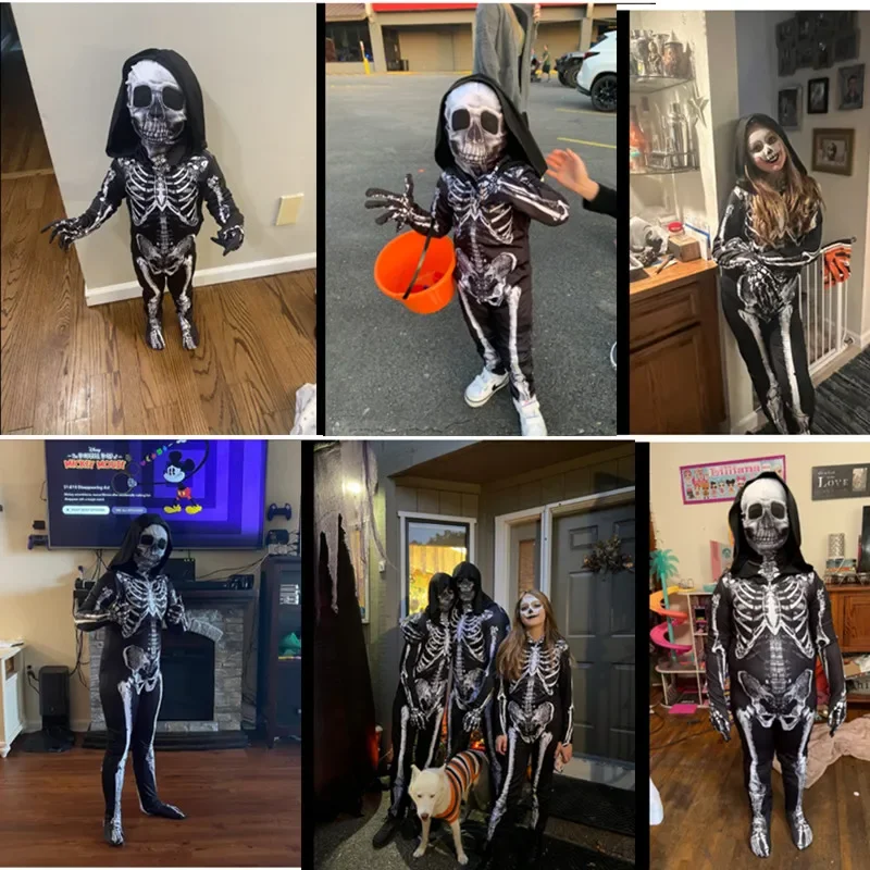 Child Skeleton Horror Hooded Costume Men\'s Dark Spooky Skeleton Tights Halloween Role Play Carnival Performance Costume