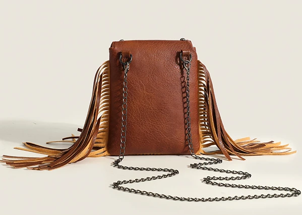 Boho Brown Rivet Fringe Small Bag for Women Handbags Hippie Gypsy Bohemian Tassel Bags Vintage Casual Chain Crossbody Belt Bags