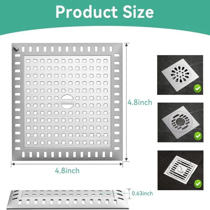 【シャワー排水口カバー2個パック】浴室用スチール製ヘアストレーナー、シンク用詰まり防止スクエアフィルターグレーチング、キッチンシンク用