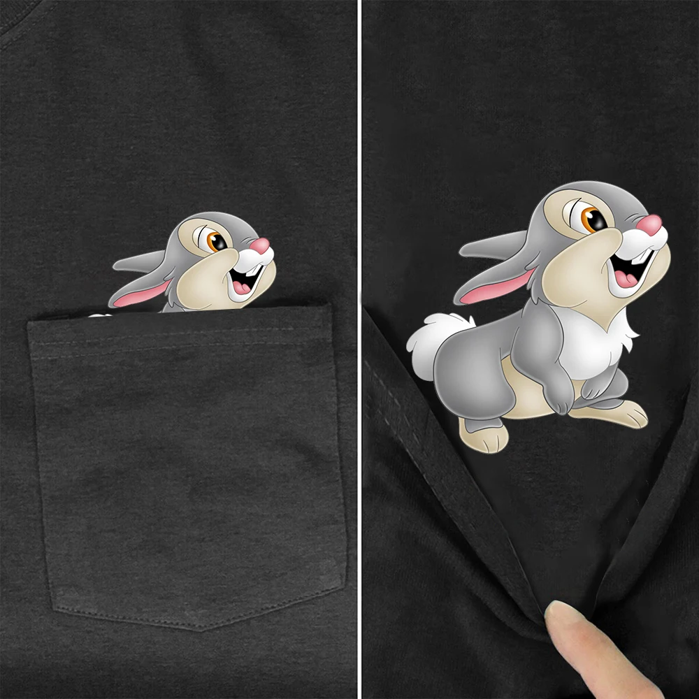 CLOOCL Cute Rabbit Women's T-shirts Black Pure Pure Cotton Bunny Pocket Tees Funny Tees Summer Hip Hop Tops Graphic T Shirts