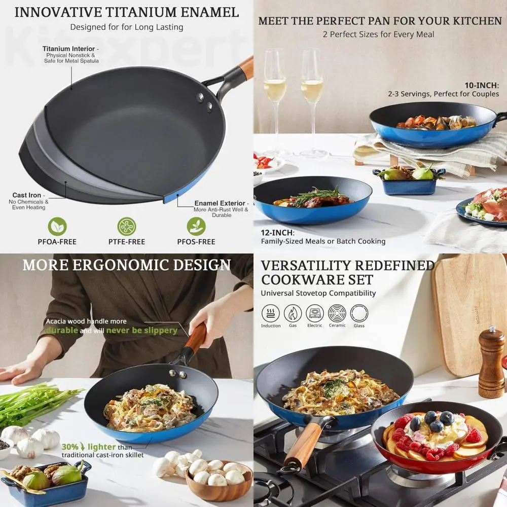 

Cobalt Blue Cast Iron Skillets Set - 10 & 12 Non-Stick with Wooden Handles - Pre-Seasoned for Versatile Cooking