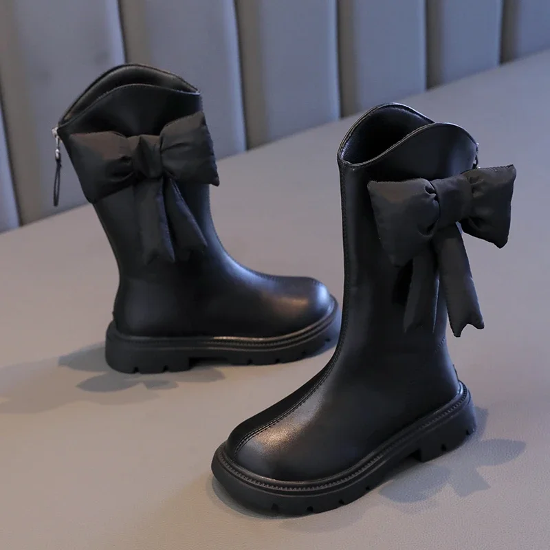 Novo inverno meninas princesa botas de algodão elegante bowknot crianças botas causais moda preto versátil crianças simples meados de bezerro botas