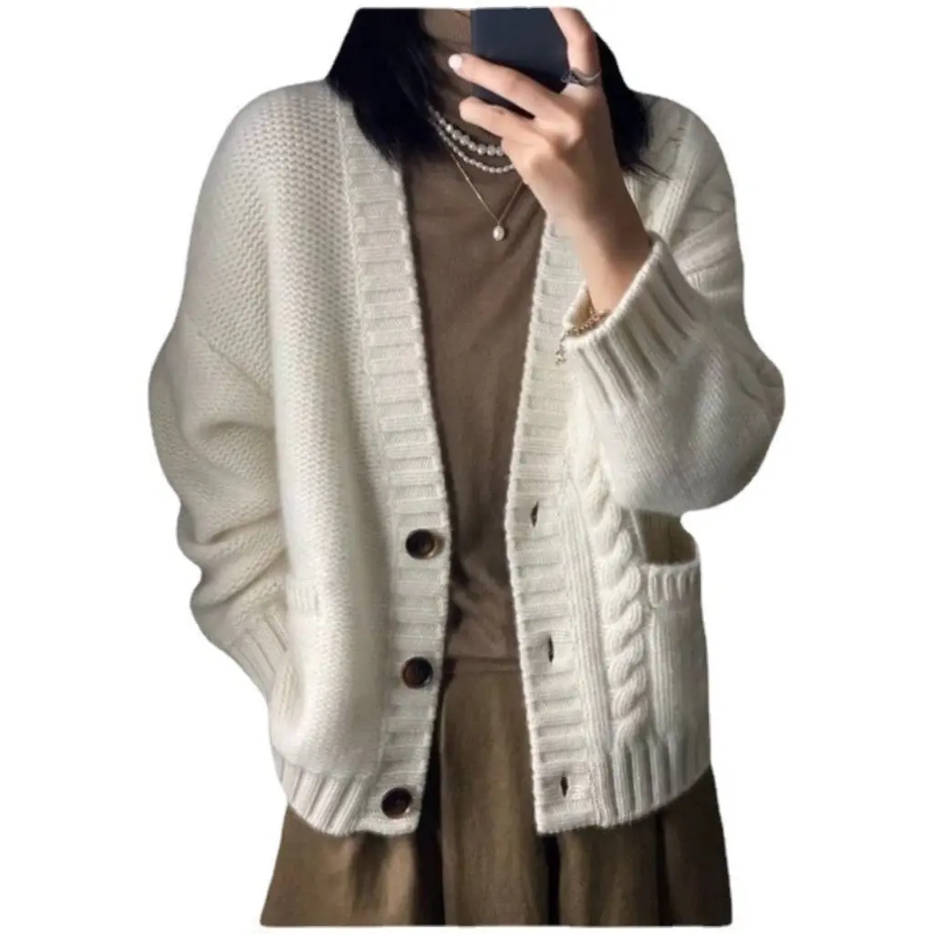 

Women's V-neck Wool Cardigan Autumn Winter Loose Thick Twist Knitted Sweater Coat Lazy Style