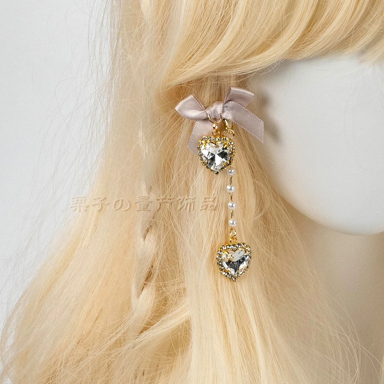 

Japanese Style Bow Pearl Chain S925 Silver Earrings Love Rhinestone Earclip Earrings