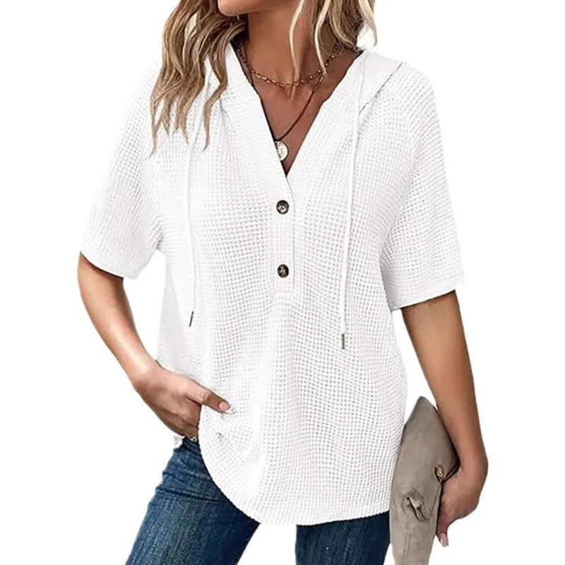Women's Summer Knitted Short Sleeve Tops Chic Drawstring Hoodies Button V Neck Casual Work Blouses Top Blusas De Mujer Ofertas