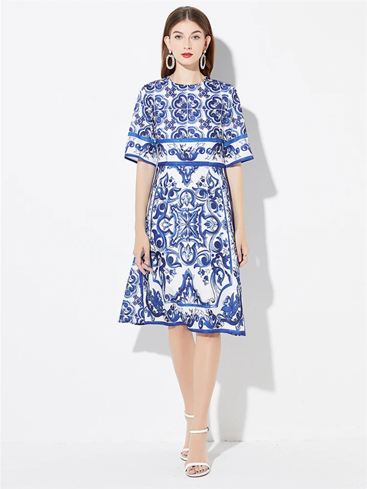 2024 Nowa letnia damska sukienka z krótkim rękawem O-Neck Wysokiej jakości elegancka sukienka retro Majolica Porcelain Print Runway Dress 3 kolory