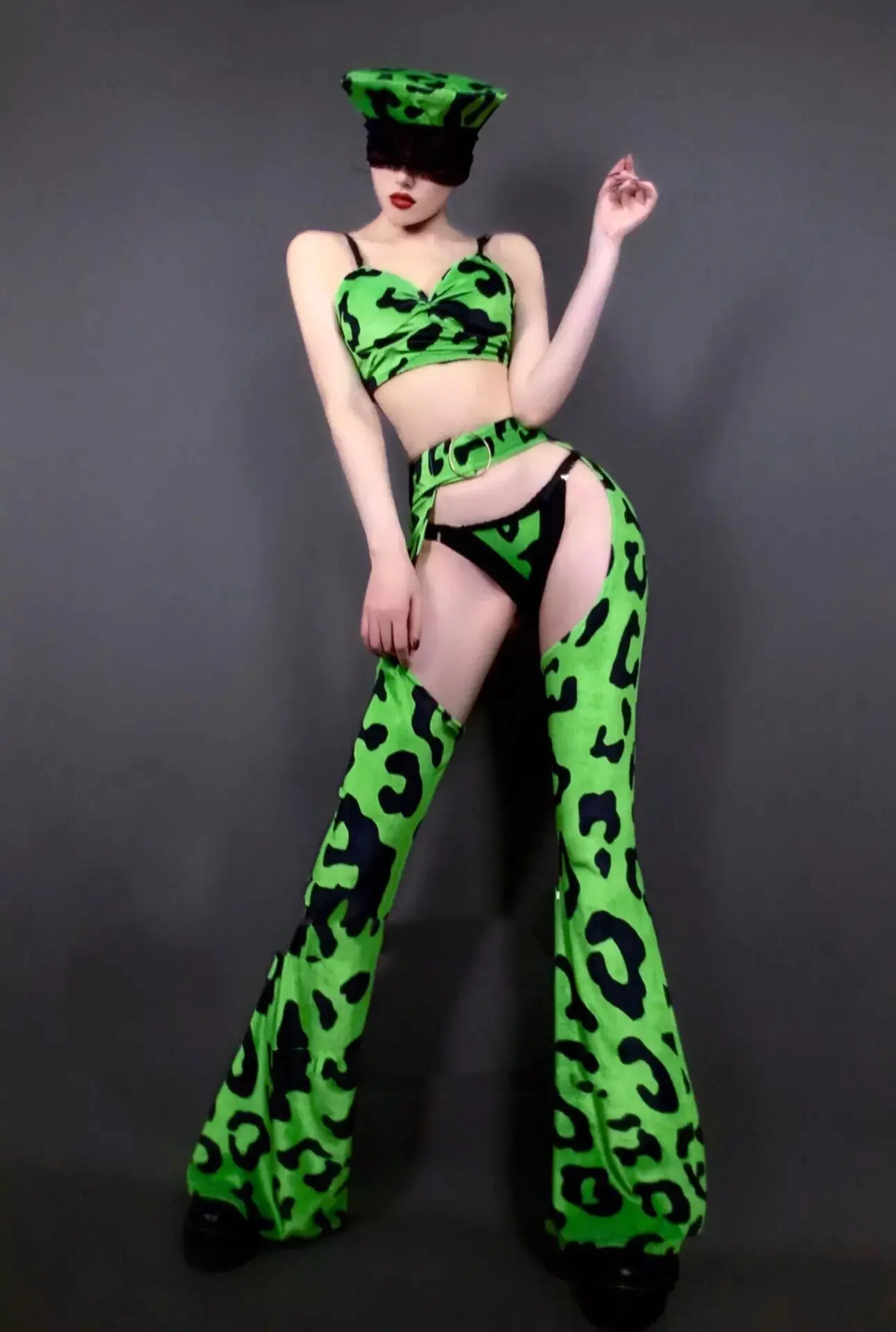 Green Leopard Bikini Split Bell Bottomed Pants Hat Outfit Women Dance Team Jazz DJ Costume Bar Nightclub Singer Performance Wear