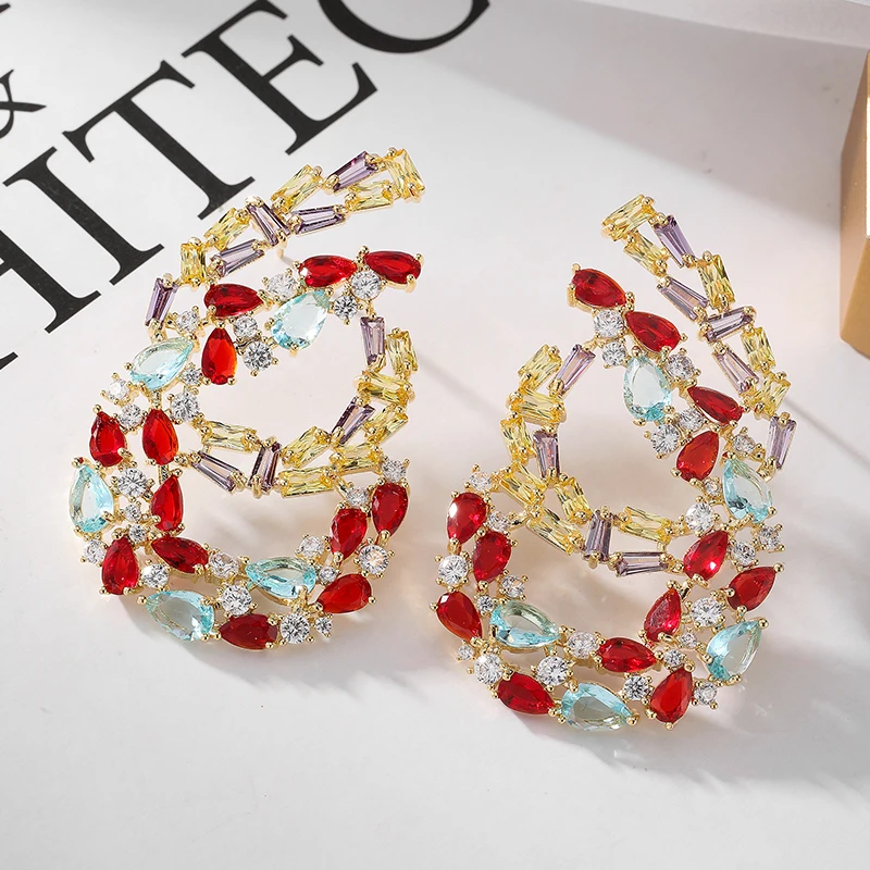 SENYU New Colorful Water Drop CZ Stone Flower Large Wedding Earrings High Quality Cubic Zirconia Luxury Women Jewelry for Bride