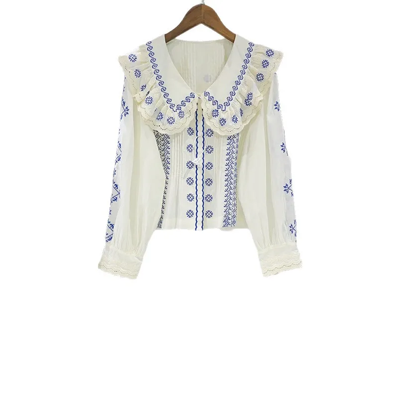 

【Gift Free】2025 French Niche Autumn Winter Sweet Girlish Embroidered Lace Doll Collar Puff Sleeve Loose Blouse for Women