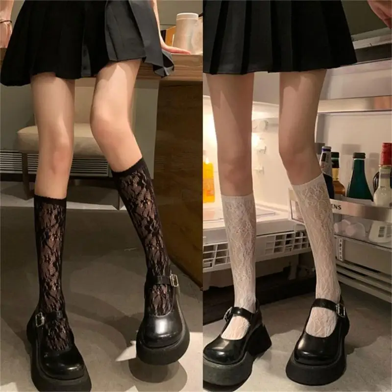 

Women Girls Summer Thin Mesh Calf Socks Preppy Anime Sweet Floral Lace Jacquard High Tube Stockings