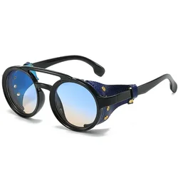 Sunglasses Windproof Mountaineering Steampunk Round Eyewear for Men with Leather Side Goggles UV400 Cycling Riding Glasses