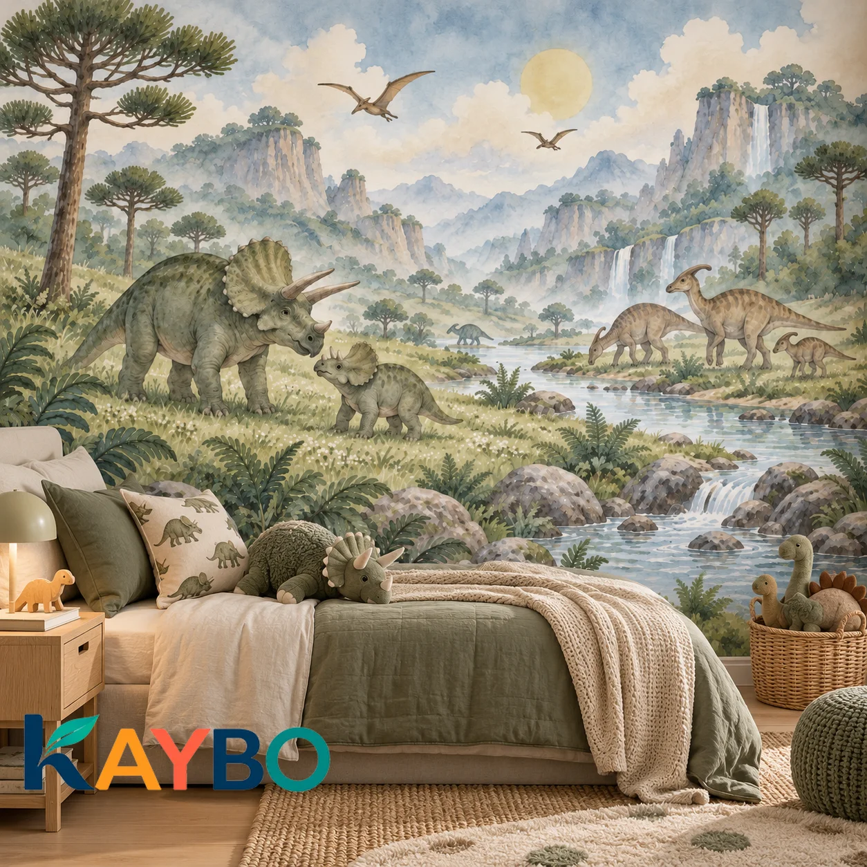 Dinosaur Wall Mural Watercolor Prehistoric Valley Wallpaper Non Self Adhesive Kids Bedroom Nursery Dinosaur Landscape Wall Decor
