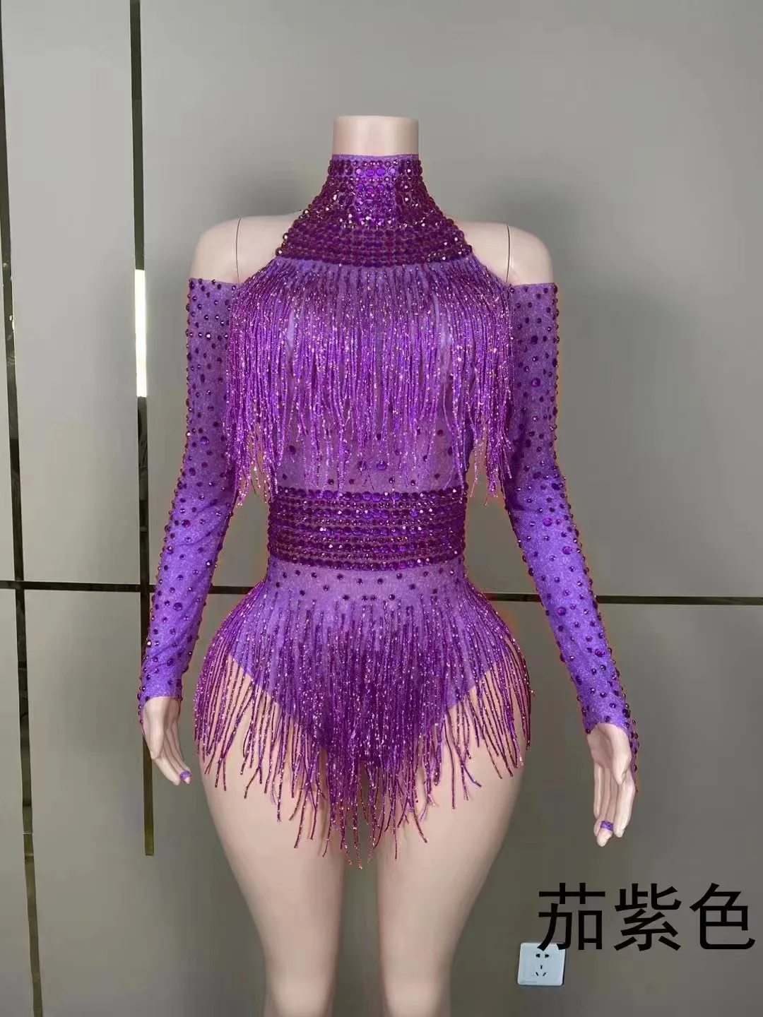 Sparkly Rhinestones Fringes Leotard Sexy DanceBodvsuit Nightclub Outfit Show PerformanceStage Wear Singer Dancer Costume D064