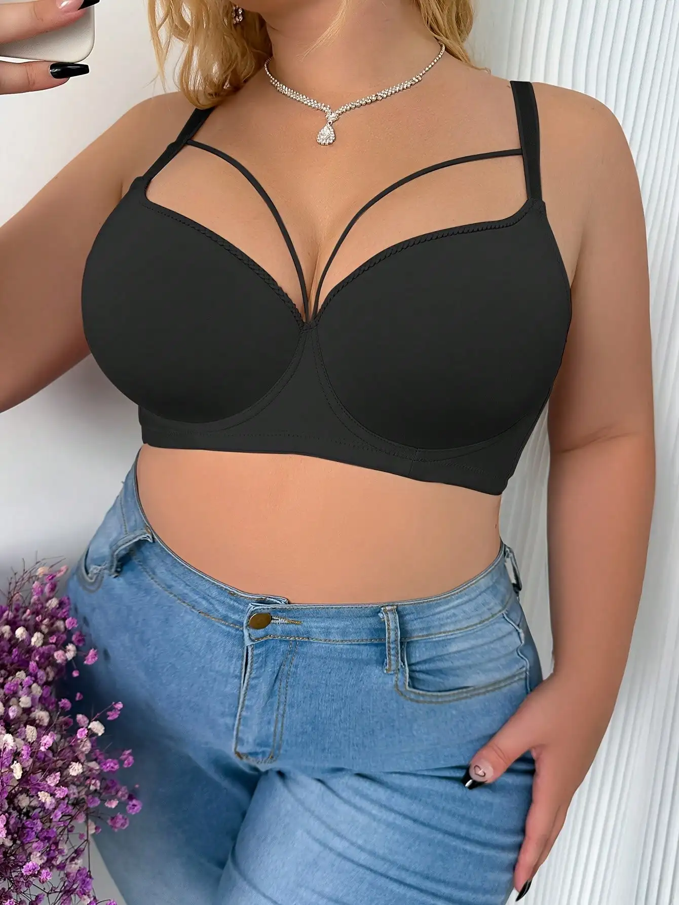 Big Size Women\'s 3/4 Cup Lingerie Sexy Medium Mold Cup Non-Convertible Straps Soft Solid Push up Gathered C D E Cup Lingerie