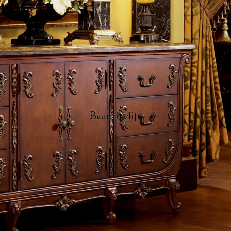 

yj5 European-style all-solid wood dining side cabinet carved and equipped with storage marble tea cabinet for home use