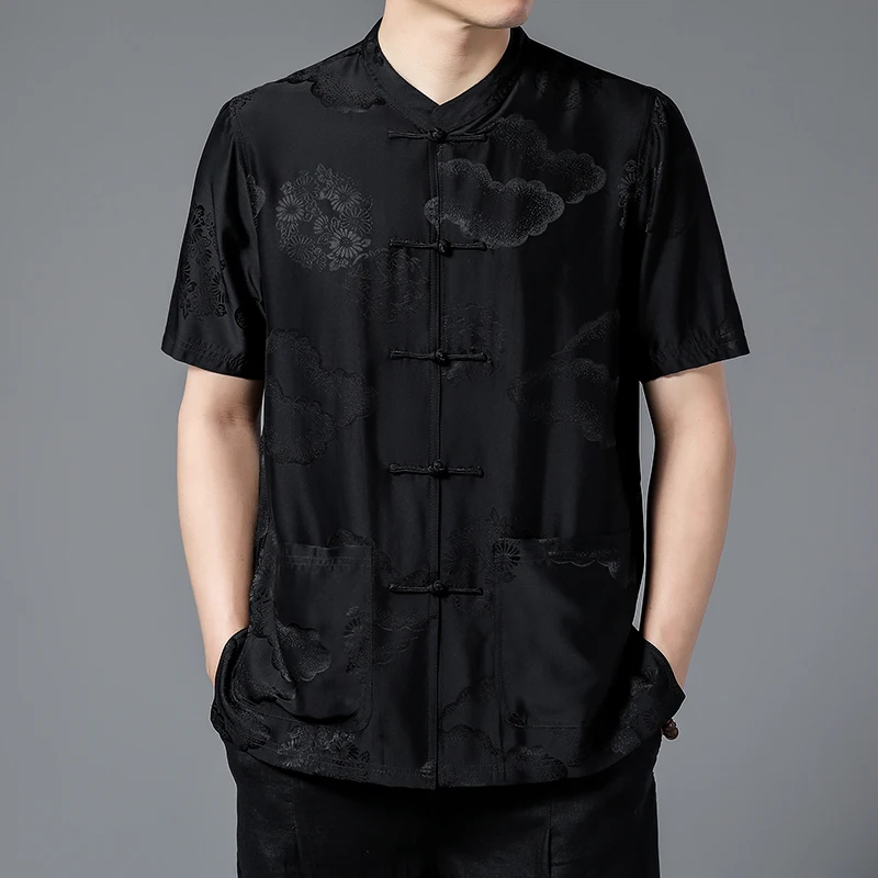 National Style Tang Costume Shirts For Men Short Sleeve 100% Silk Summer Top Quality Jacquard Lightweight Frog Camisas De Hombre