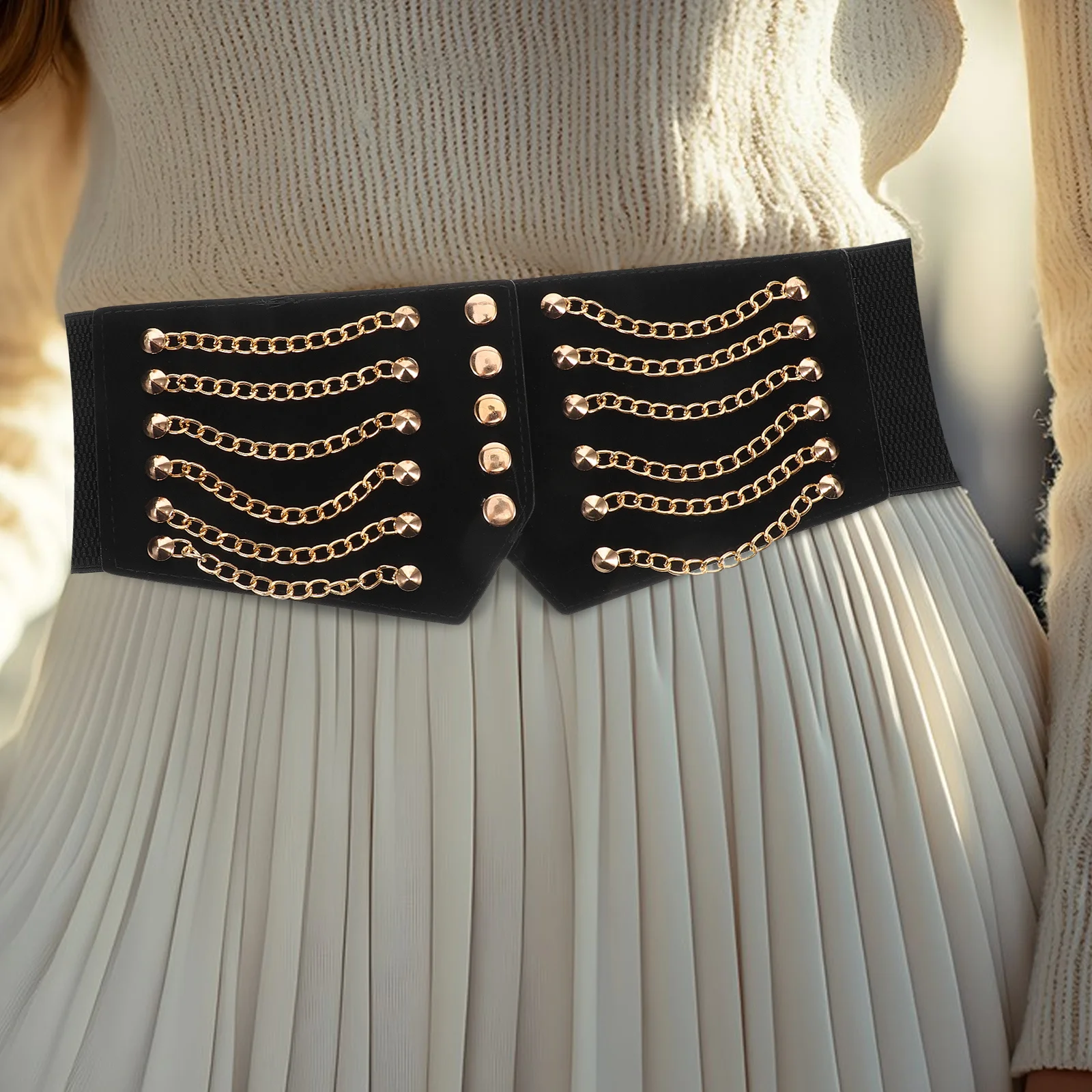 Cintura larga da donna Cintura elastica vintage con occhielli a catena in metallo Cintura con lacci alla moda per abiti
