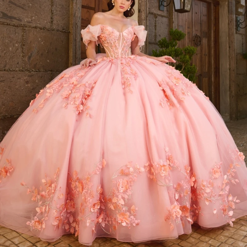 

Pink Quinceanera Dresses Off The Shoulder Applique Flower Beads Bow Tull Party Birthday Sweet 16 Dress Vestidos De 15 Anos