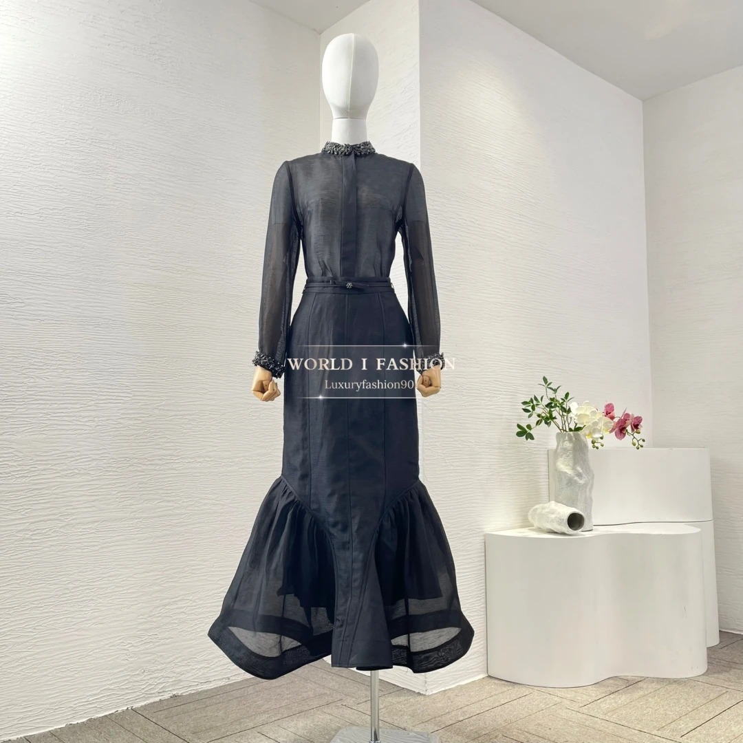 

Linen Silk Latest New High Quality Black Full Sleeve Diamonds and Pleat Ruched Mermaid Skirt Intellectual Outfit Women Set