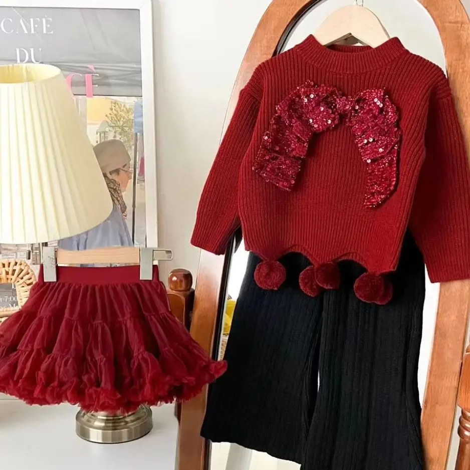 Girls Knit Sweaters And Ball Gown Skirt 2 Pcs Sweater Suit 2-6Y Girls' Clothing Set Autumn/Winter Fashionable New Party Suit For