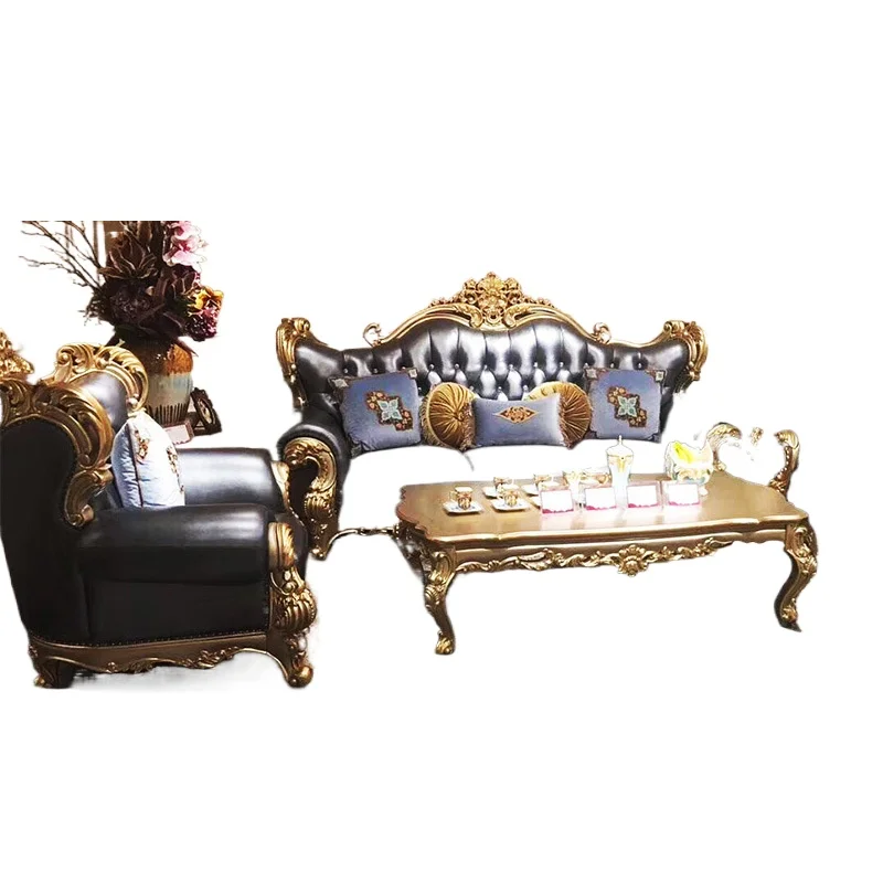 European sofa combination, French luxury leather solid wood carving sofa