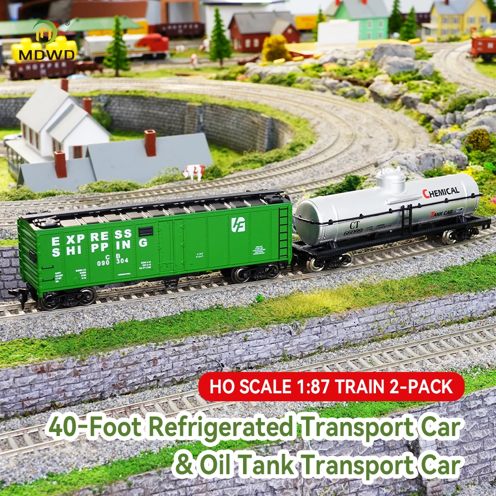 HO Scale 1:87 Train Car 2Pcs Set,40ft Reefer Boxcar & Tank Wagon,Railway Freight Car for Model Railroad Sand Table DIY Scene Col