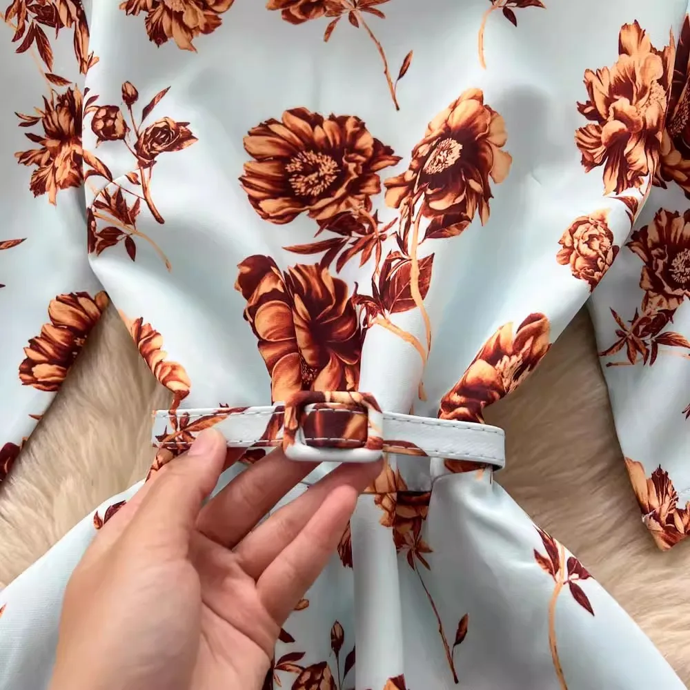 Damska codzienna sukienka w kwiaty w stylu boho na imprezę, elegancka letnia sukienka z krótkim rękawem, sznurowana w talii, długa sukienka, elegancka koszulowa sukienka damska.